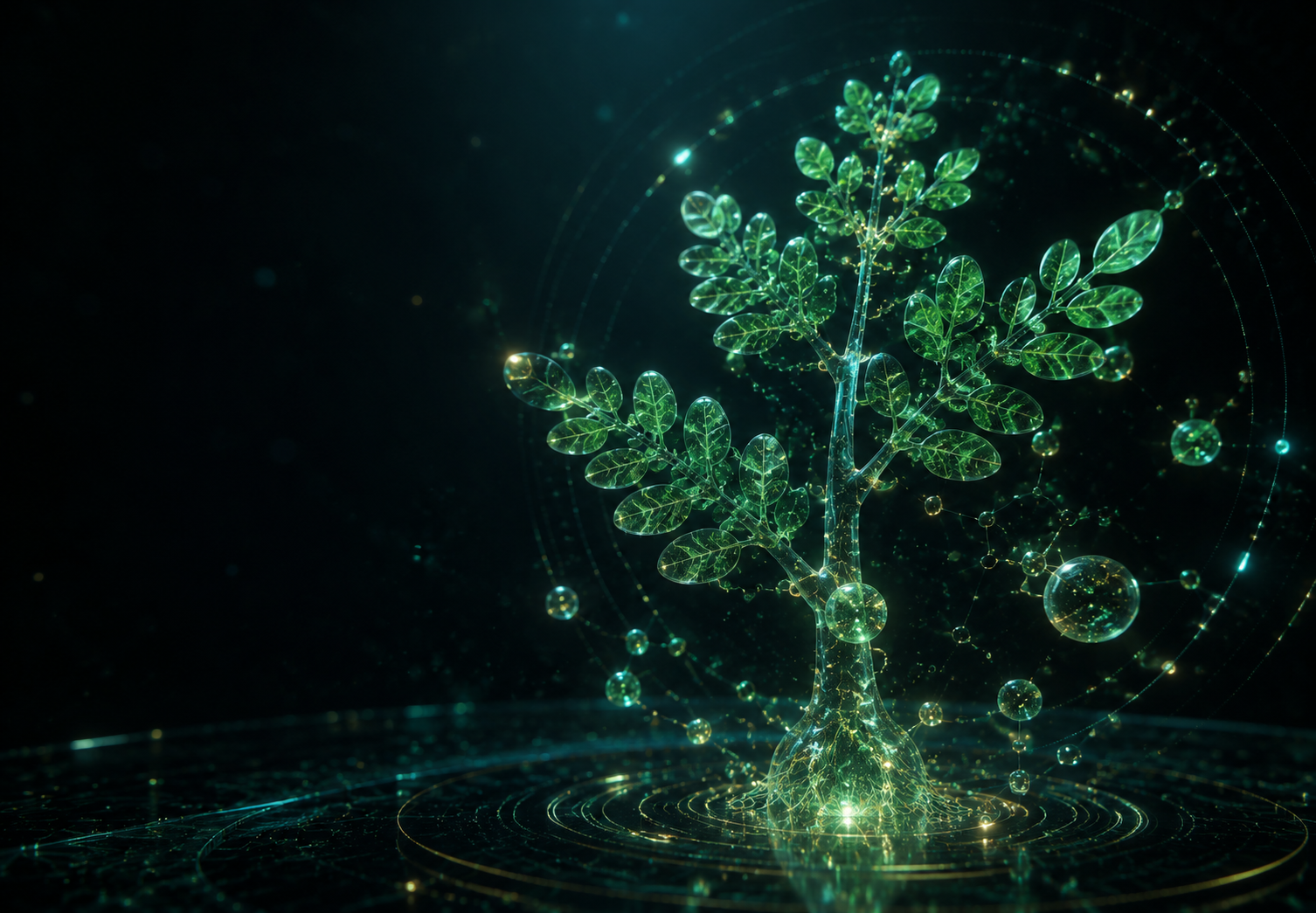 Luminous quantum-biotech structure inspired by Moringa